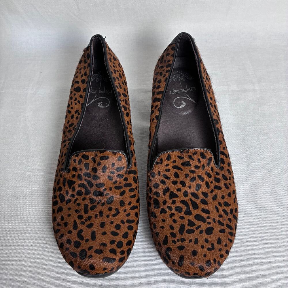 Dansko Aimee Leopard Calf Hair Loafers Slip On Shoes Brown Animal Print Women 38